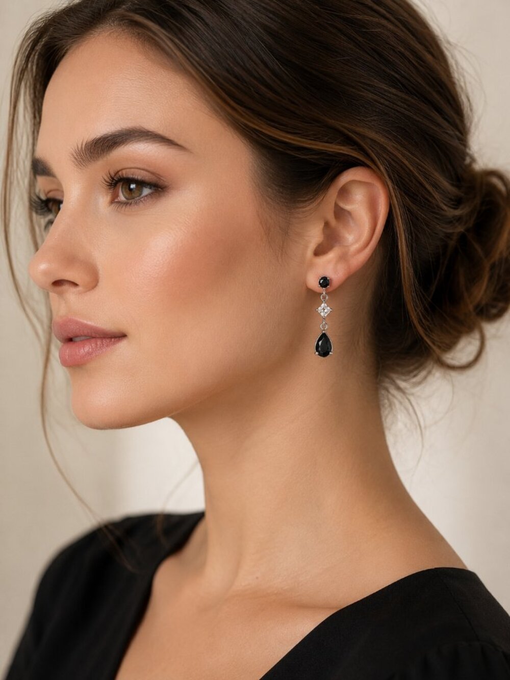925 Sterling Silver Black Clear CZ Teardrop Dangle Earrings Pear Drop
